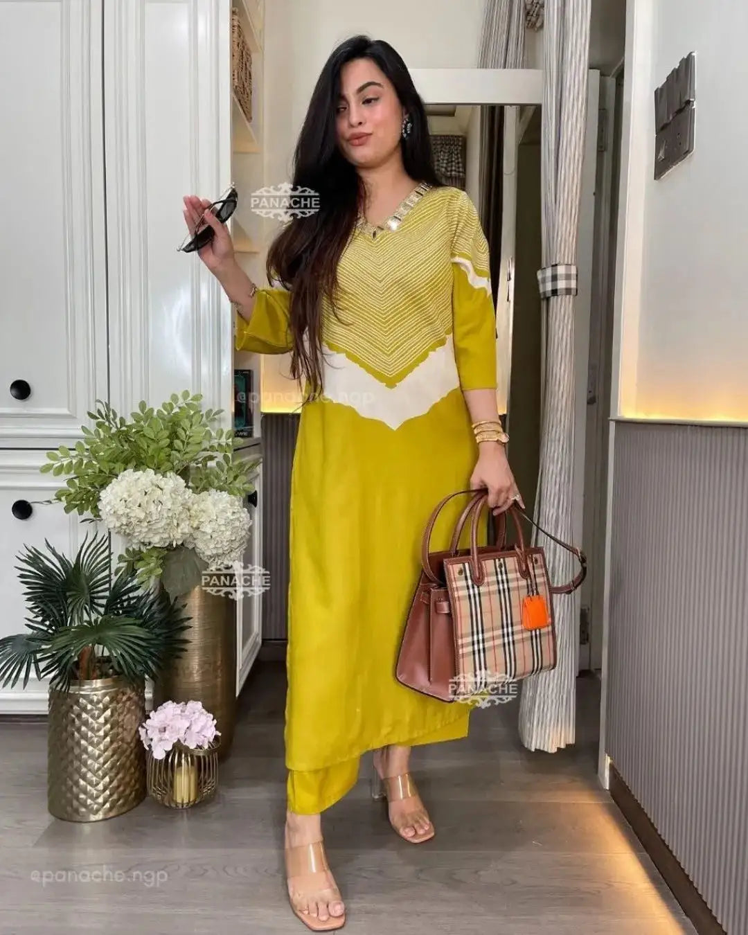 Mustard Yellow Geometric Cotton Kurti With Pant