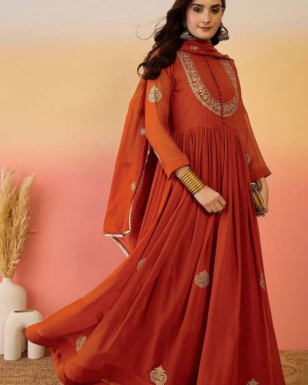 Orange Colour Anarkali Suit Set With Dupatta