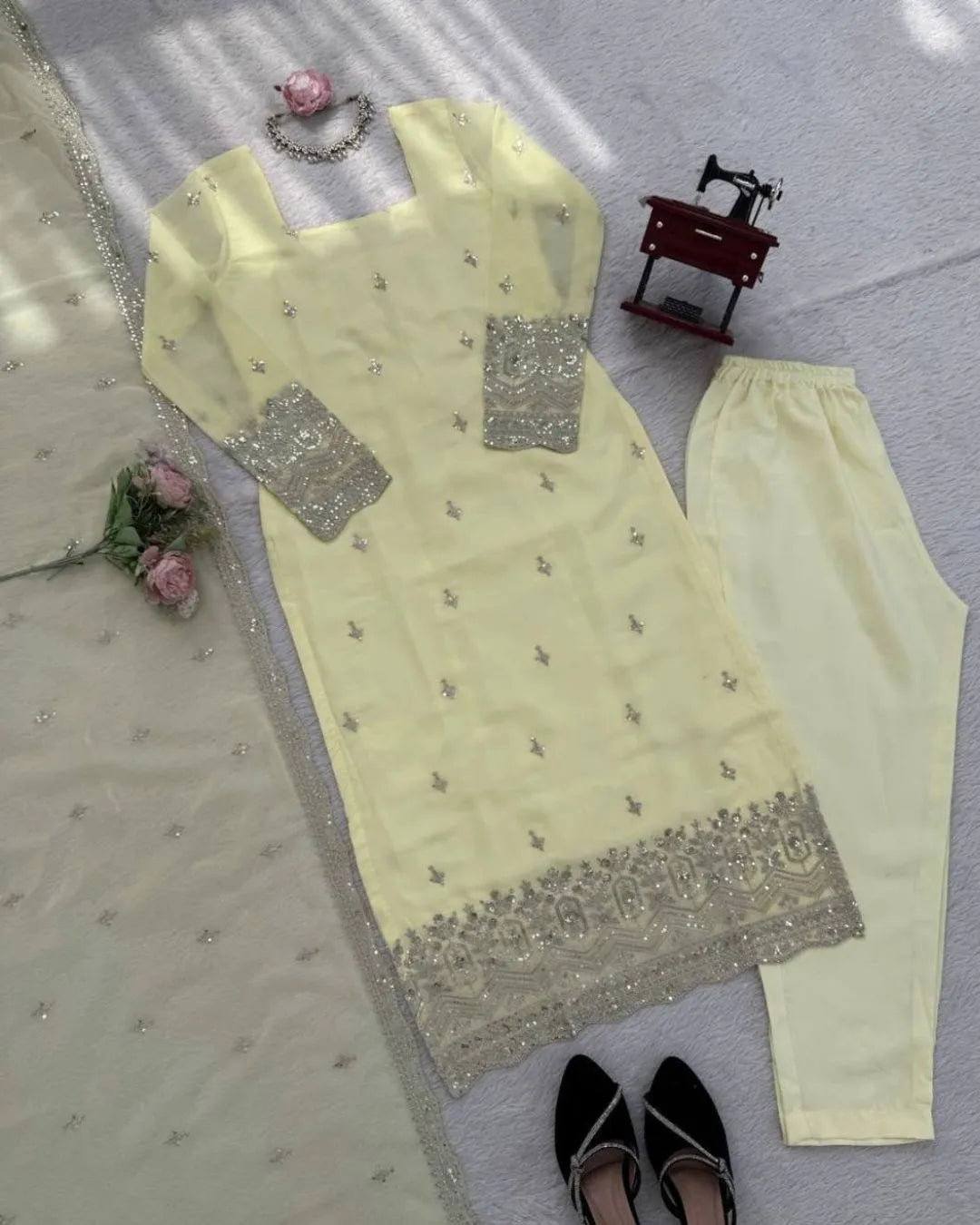 Yellow Party Wear Faux Georgette Salwar Suit Set with Fine Sequin Embroidery & Dupatta