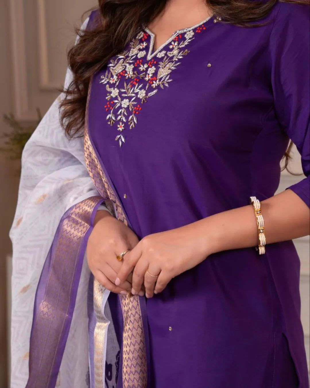Purple Handwork Straight Kurti Pant Dupatta Set