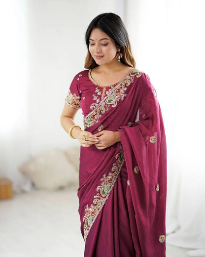 Graceful Maroon Georgette Saree with Intricate Embroidery and Designer Blouse
