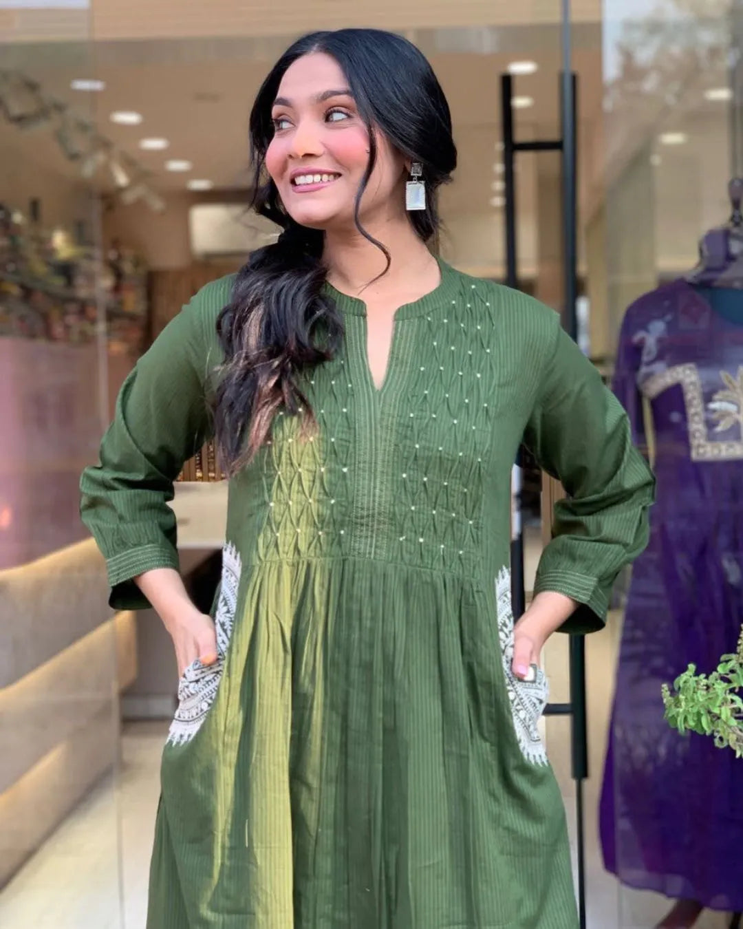 Handwork Olive Green Cotton Anarkali Suit Set