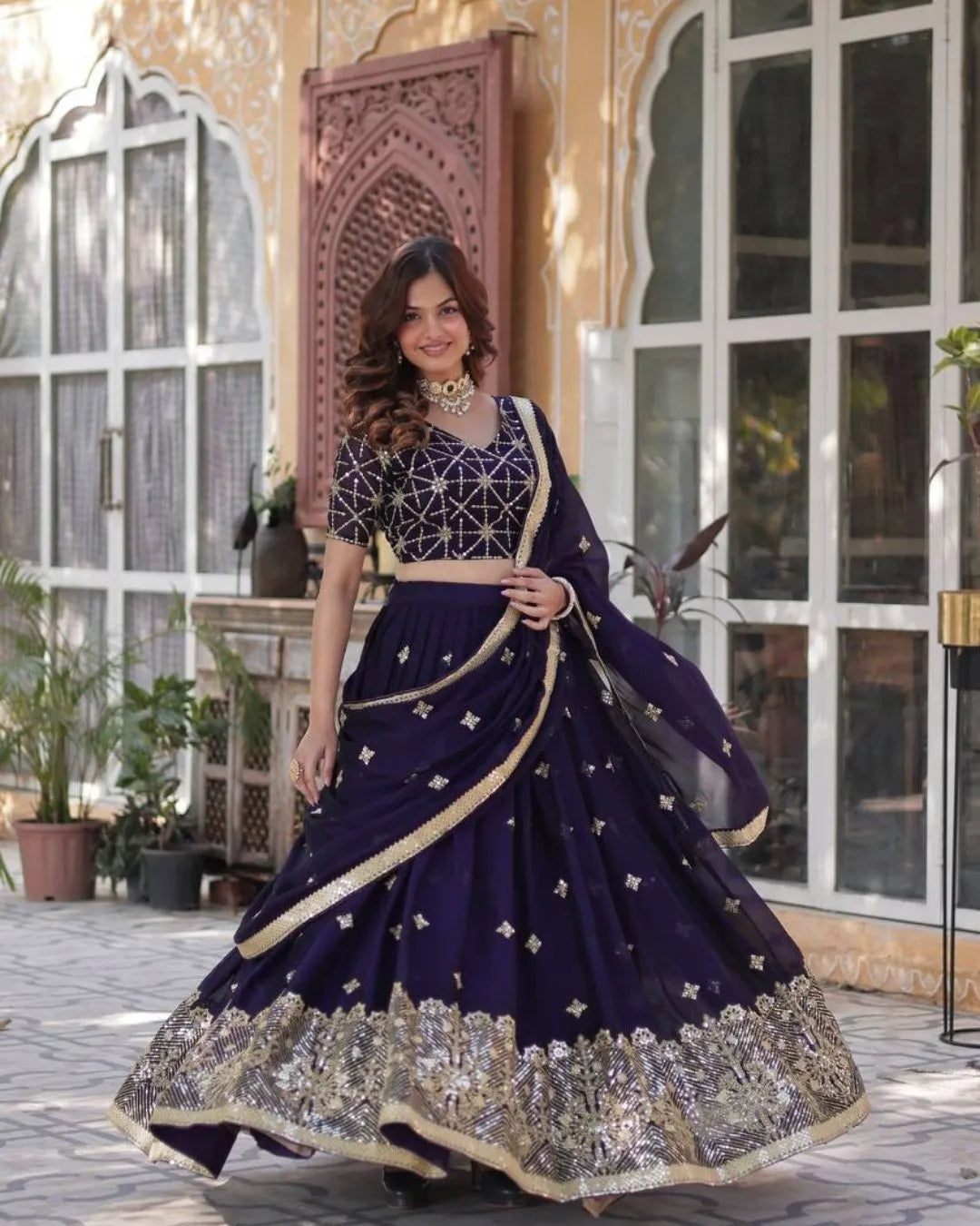 Royal Purple Embroidered Lehenga Choli with Sequins and Mirror Work