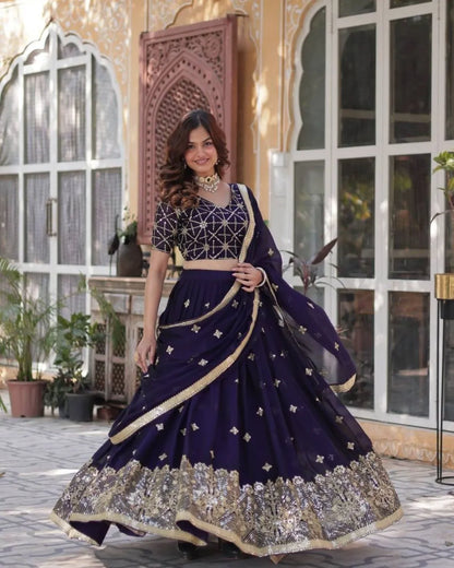 Royal Purple Embroidered Lehenga Choli with Sequins and Mirror Work