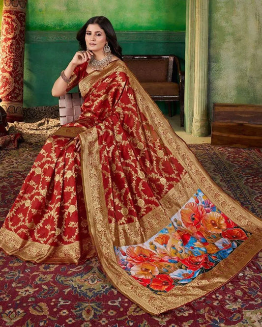 Royal Maroon Banarasi Silk Saree with Floral Pallu & Zari Embroidery
