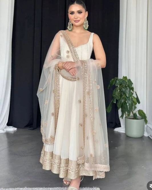 Ivory Gold Embellished Anarkali Gown with Net Dupatta
