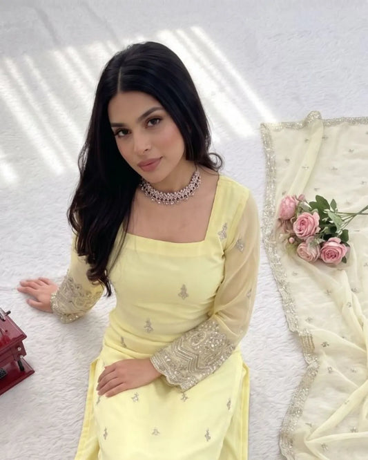 Yellow Party Wear Faux Georgette Salwar Suit Set with Fine Sequin Embroidery & Dupatta