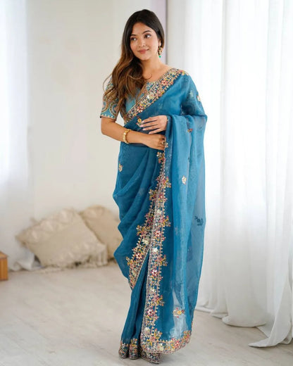 Elegant Teal Blue Organza Saree with Floral Embroidery and Designer Blouse