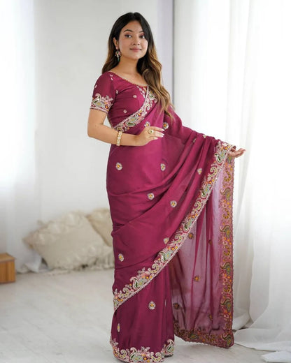 Graceful Maroon Georgette Saree with Intricate Embroidery and Designer Blouse