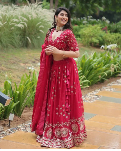 Cherry Red Embroidered Georgette Lehenga Set with Mirror and Zari Work