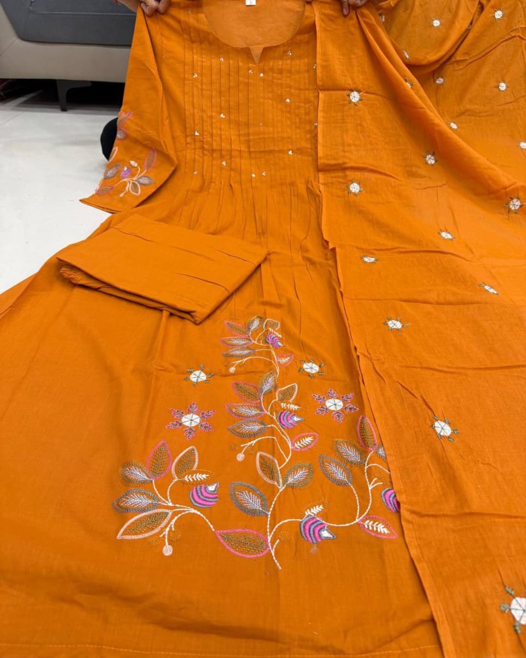 Floral Printed Orange Cotton Kurti Pant Dupatta Set