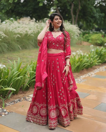 Cherry Red Embroidered Georgette Lehenga Set with Mirror and Zari Work