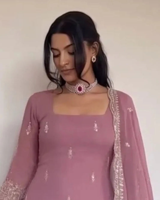 Pink Faux Georgette Salwar Suit Set for Party Wear & Weddings with Matching Dupatta