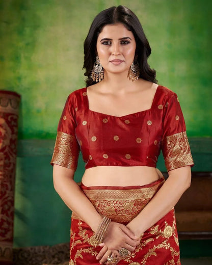 Royal Maroon Banarasi Silk Saree with Floral Pallu & Zari Embroidery