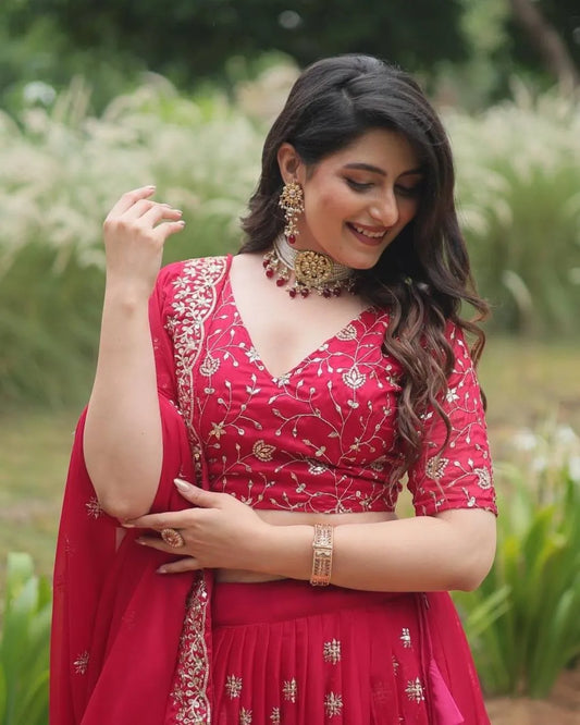Cherry Red Embroidered Georgette Lehenga Set with Mirror and Zari Work