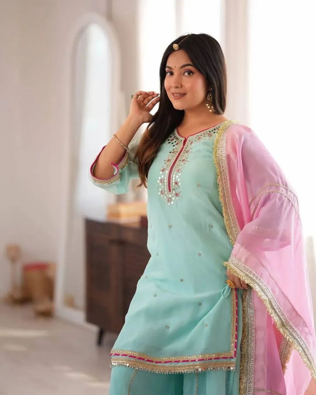 Add Refreshing Pastel Charm in Our Sky Mint Organza Sharara Set