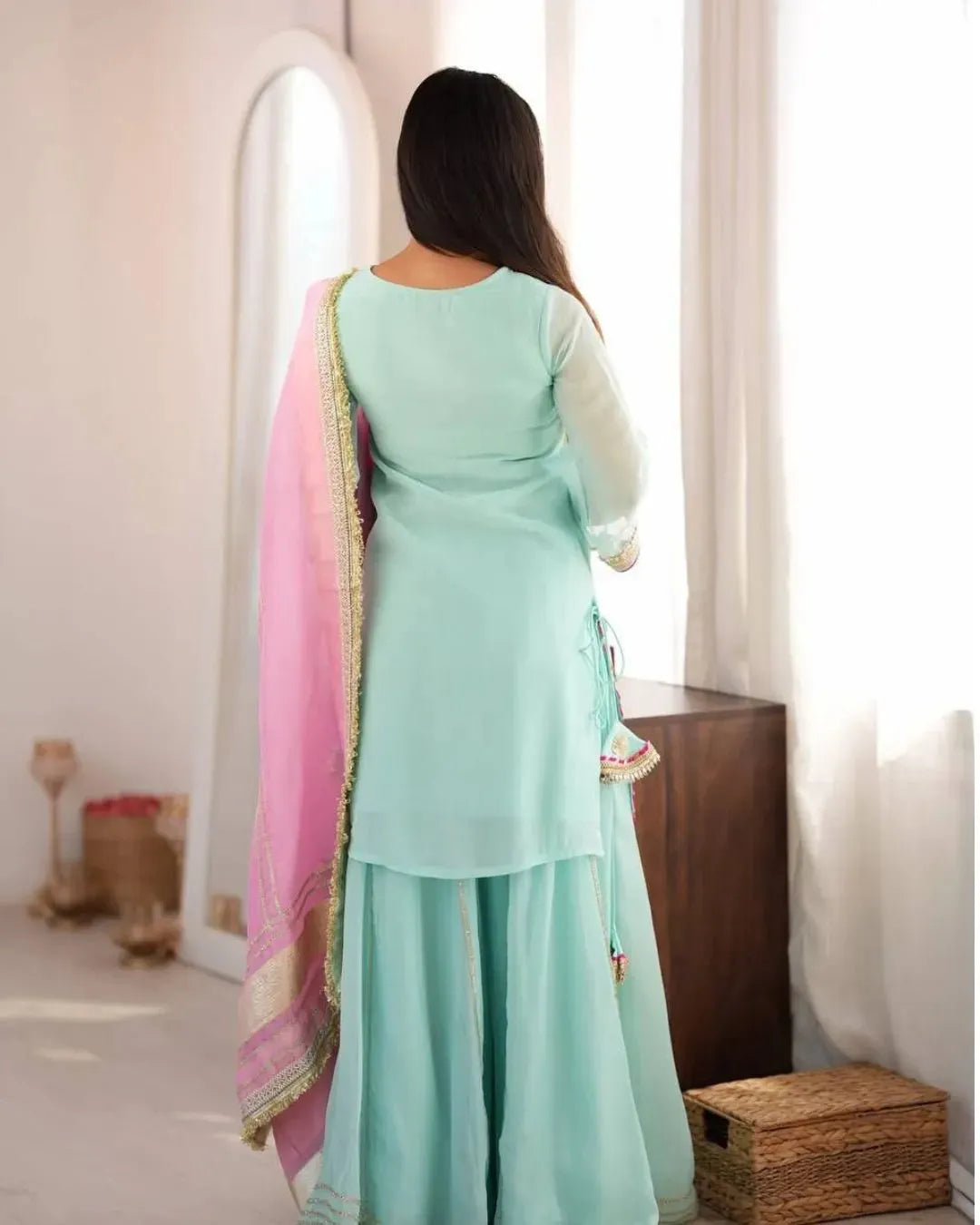 Add Refreshing Pastel Charm in Our Sky Mint Organza Sharara Set