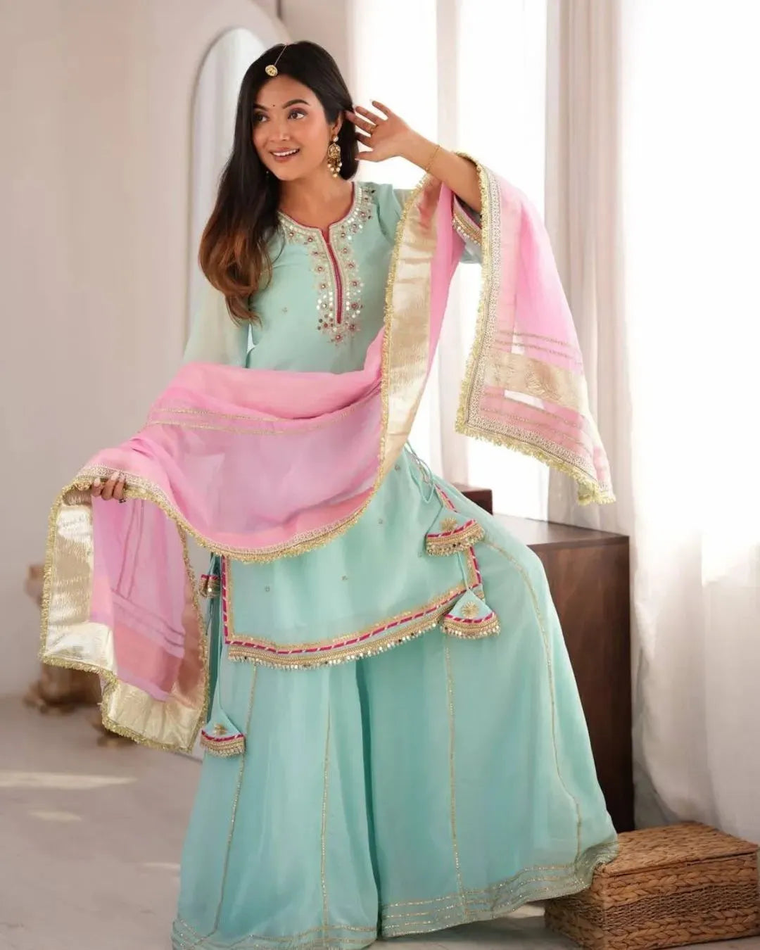 Add Refreshing Pastel Charm in Our Sky Mint Organza Sharara Set