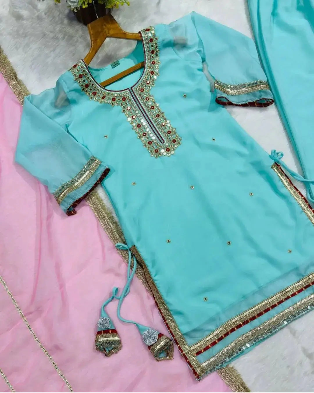 Add Refreshing Pastel Charm in Our Sky Mint Organza Sharara Set