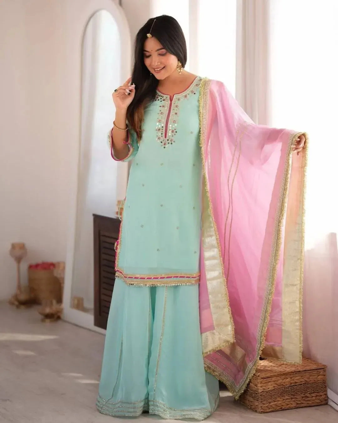 Add Refreshing Pastel Charm in Our Sky Mint Organza Sharara Set