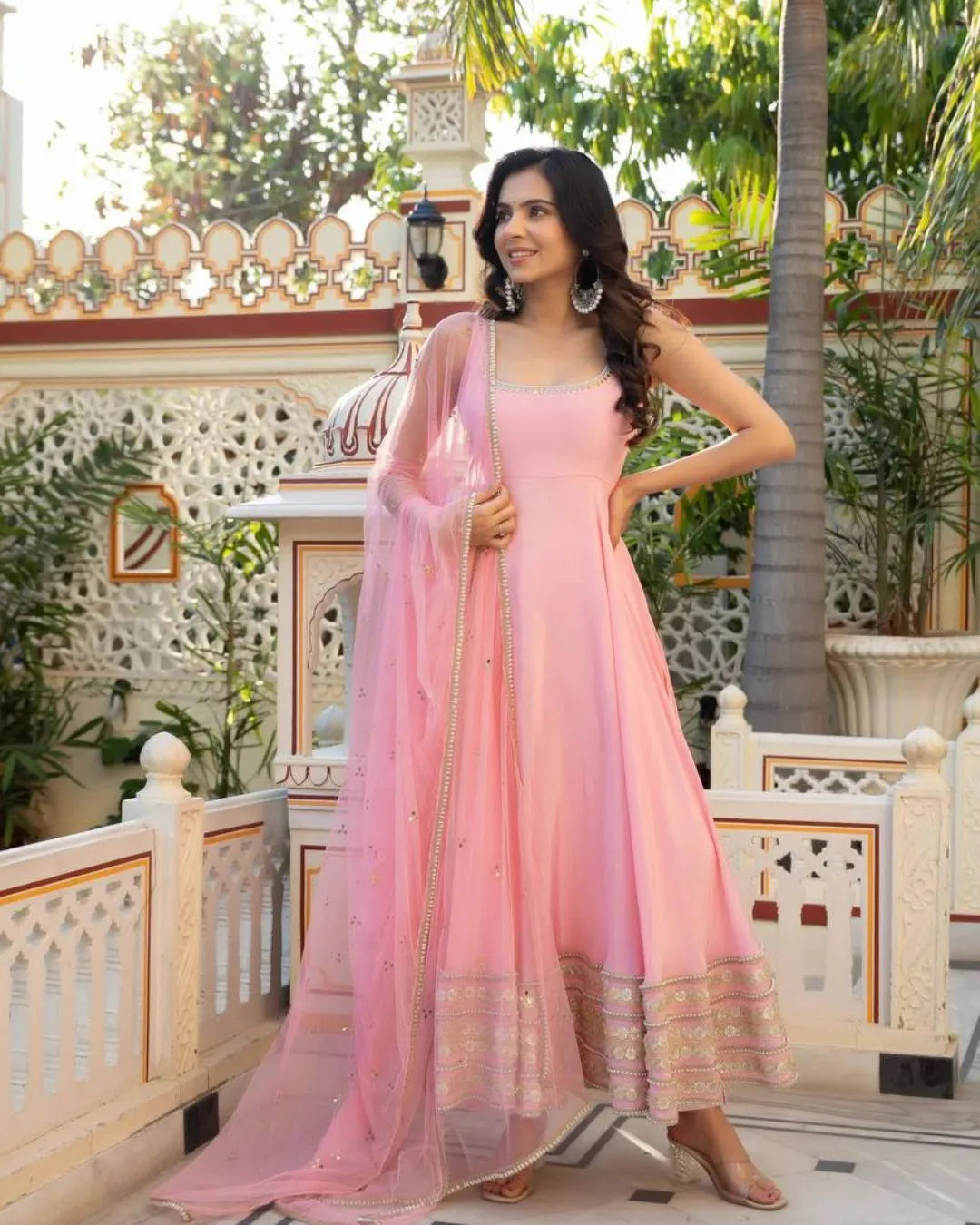 Baby Pink Sleeveless Anarkali Suit Set with Heavy Embroidery & Organza Dupatta