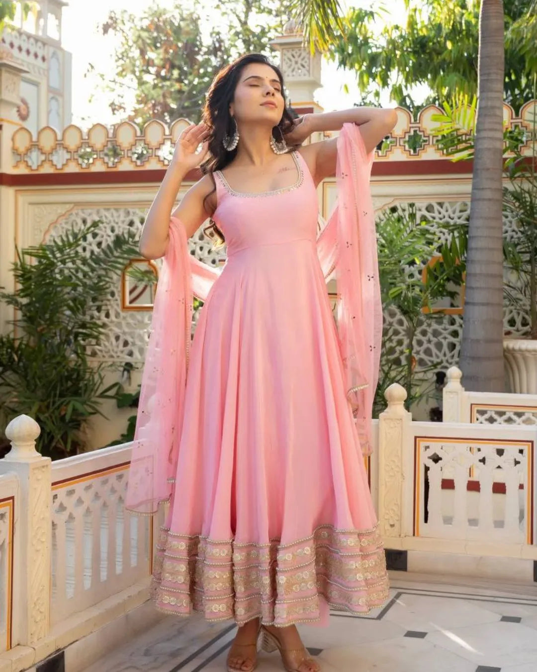 Baby Pink Sleeveless Anarkali Suit Set with Heavy Embroidery & Organza Dupatta