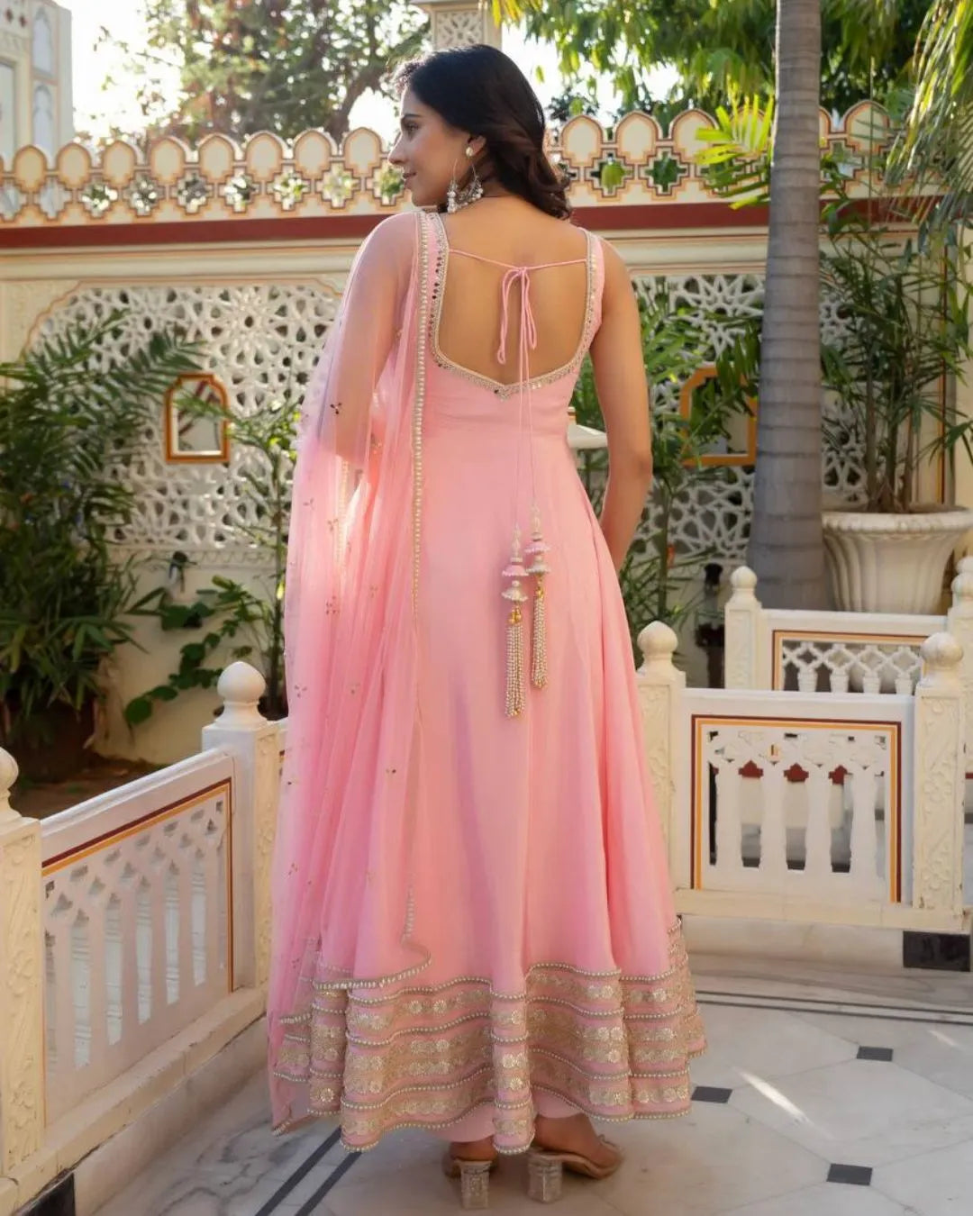 Baby Pink Sleeveless Anarkali Suit Set with Heavy Embroidery & Organza Dupatta