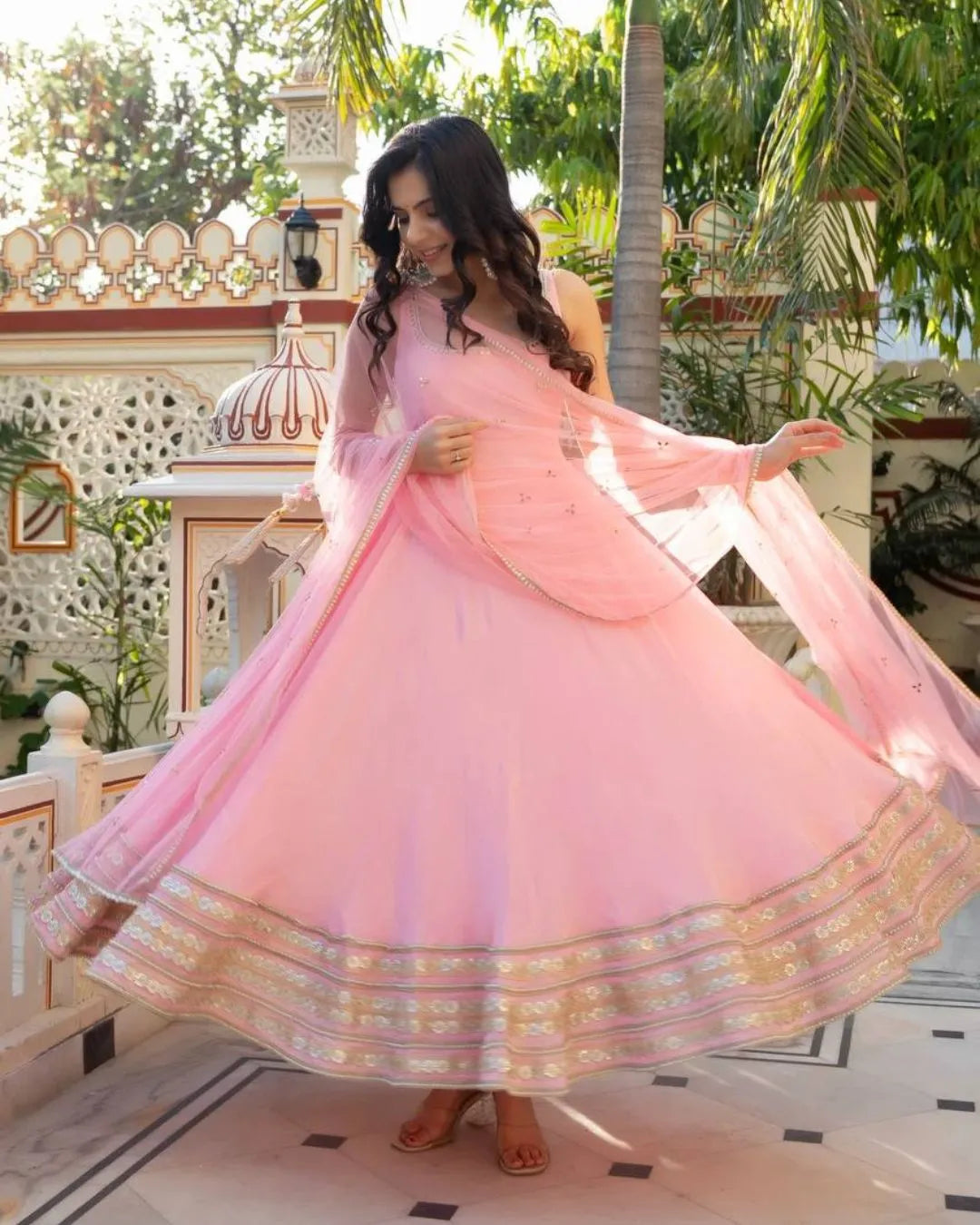 Baby Pink Sleeveless Anarkali Suit Set with Heavy Embroidery & Organza Dupatta