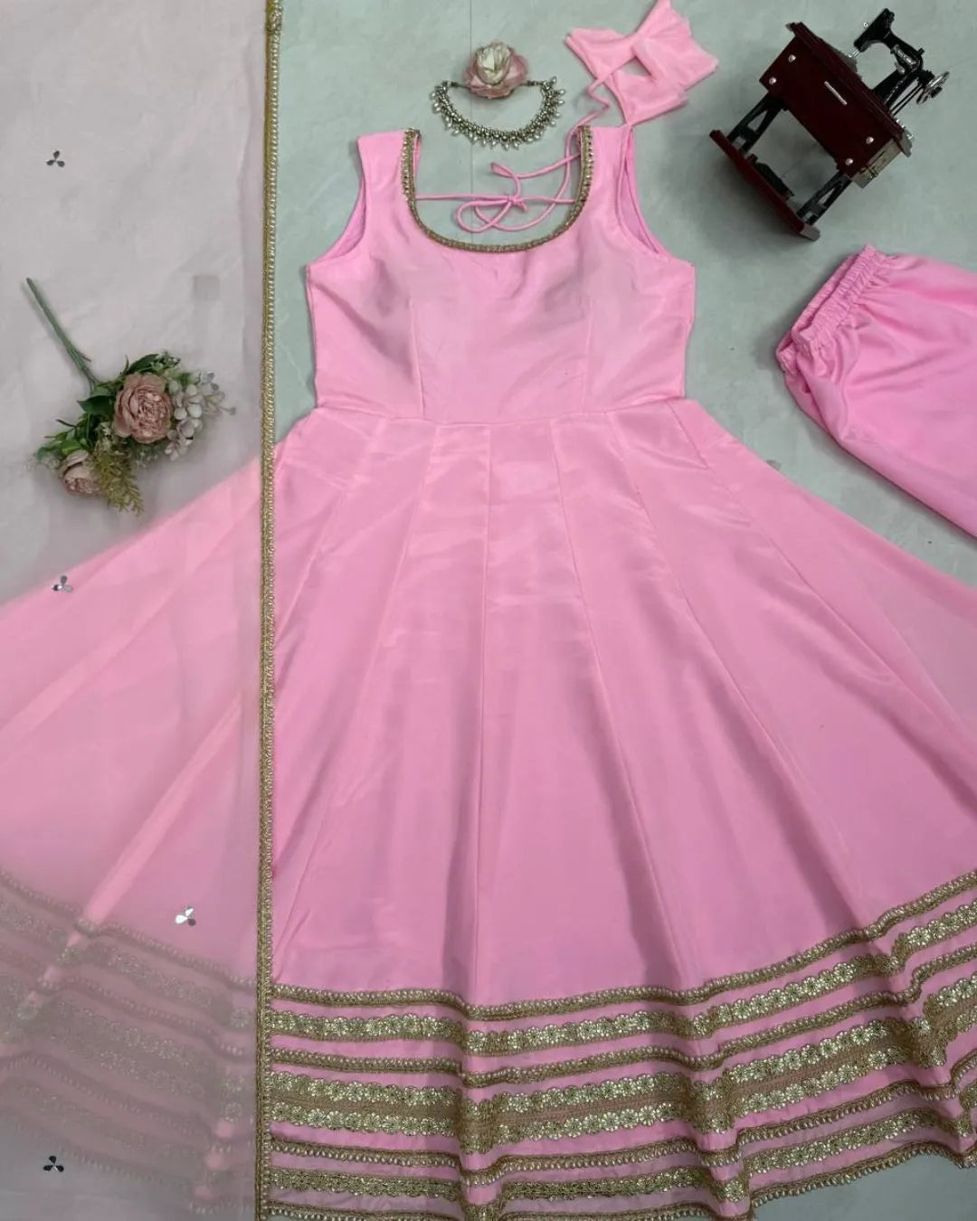 Baby Pink Sleeveless Anarkali Suit Set with Heavy Embroidery & Organza Dupatta