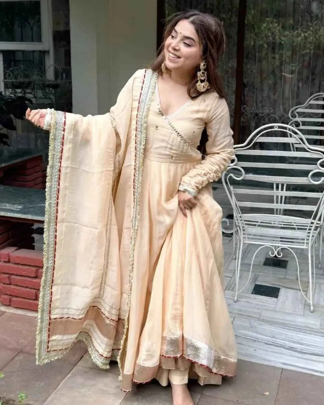 Beige Organza Silk Anarkali  Set