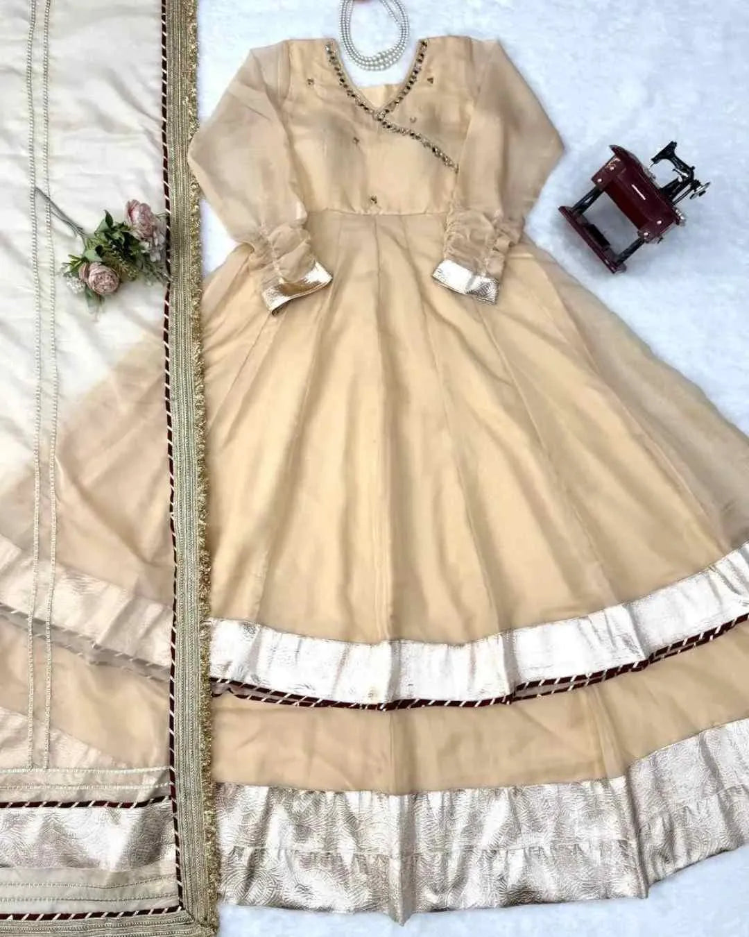 Beige Organza Silk Anarkali  Set
