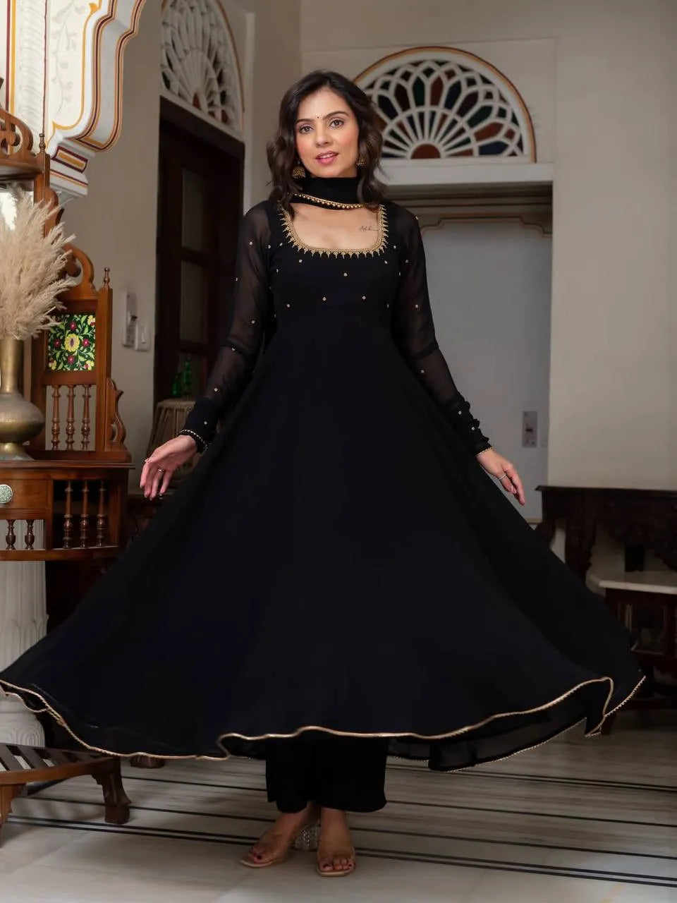 Black Embroidered Georgette Anarkali Suit Set 