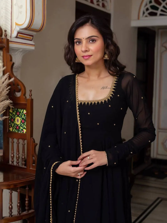 Black Embroidered Georgette Anarkali Suit Set 