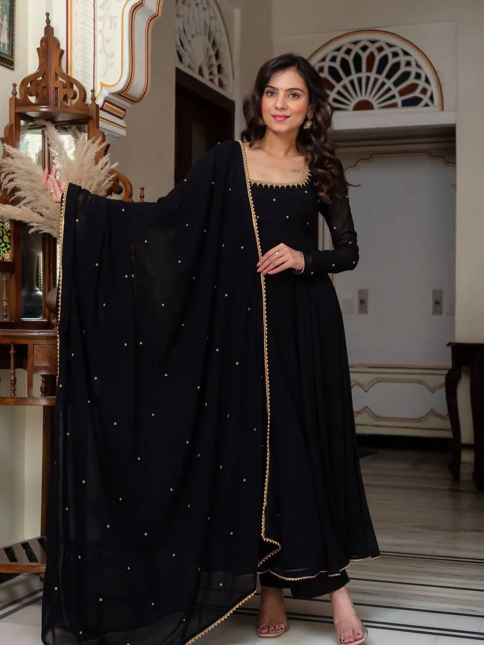 Black Embroidered Georgette Anarkali Suit Set 