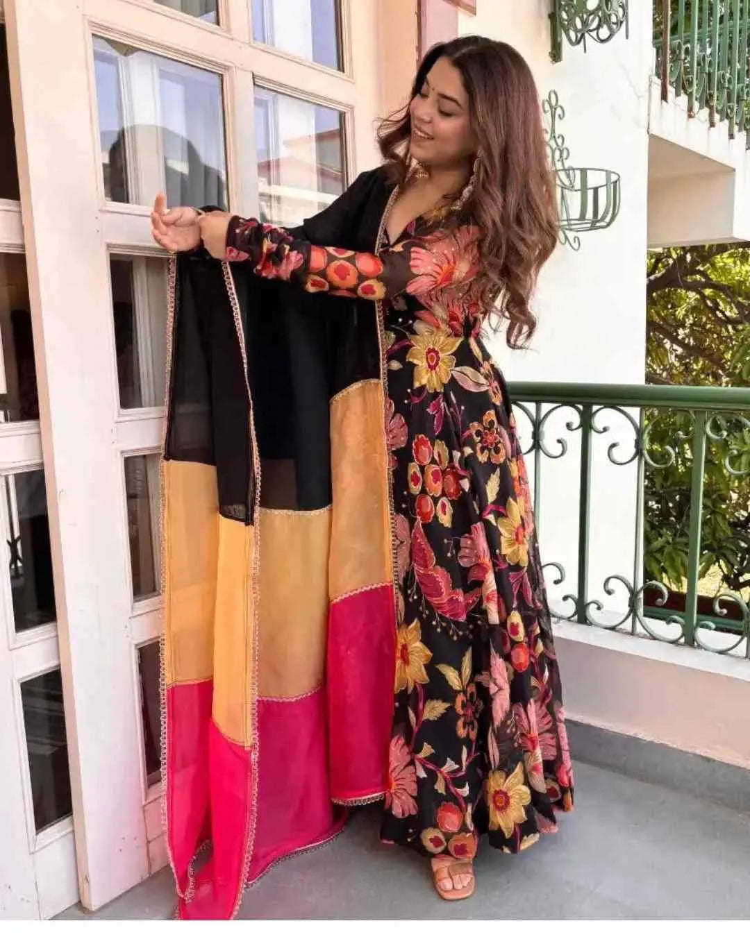Black Floral Organza Anarkali Set