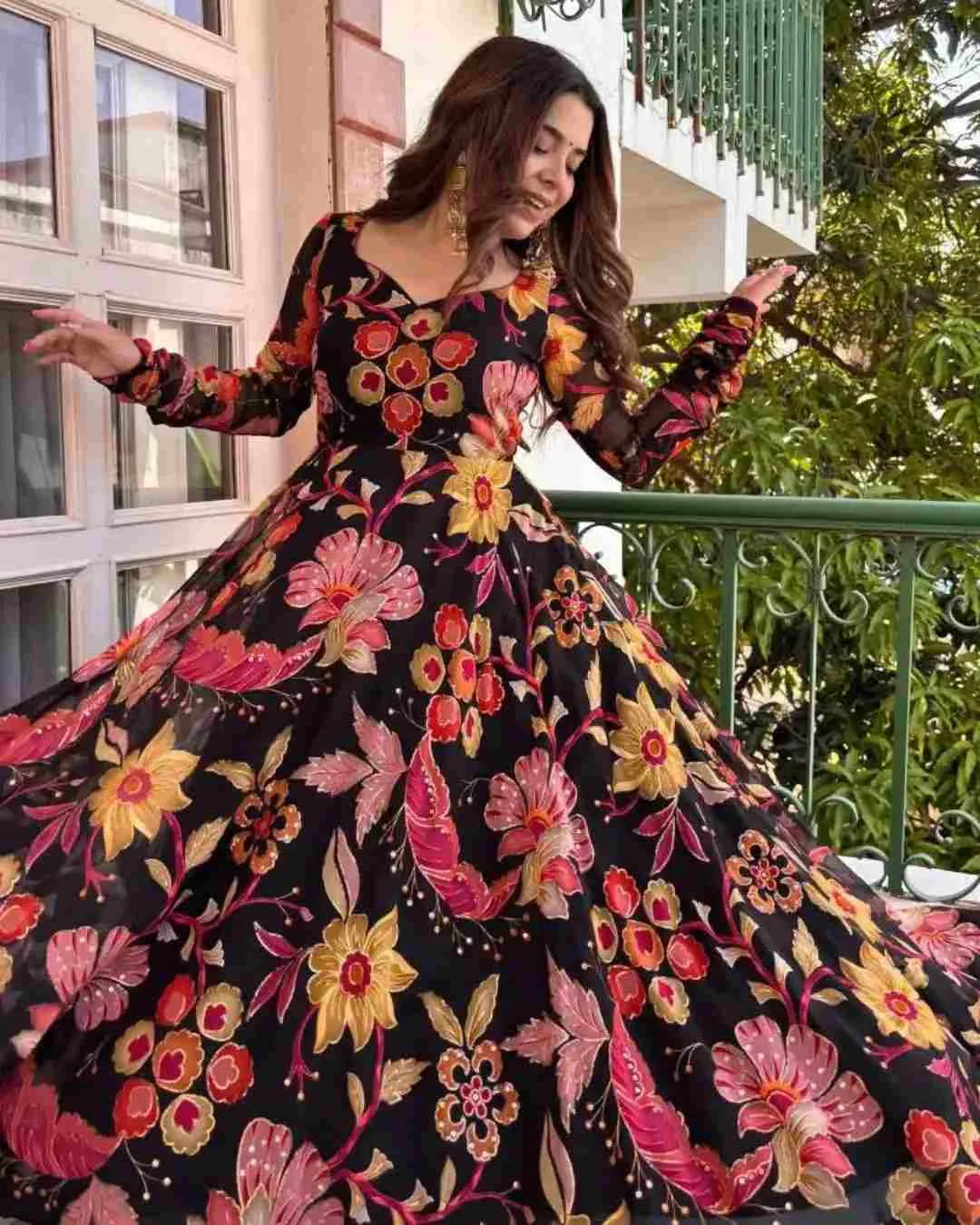 Black Floral Organza Anarkali Set