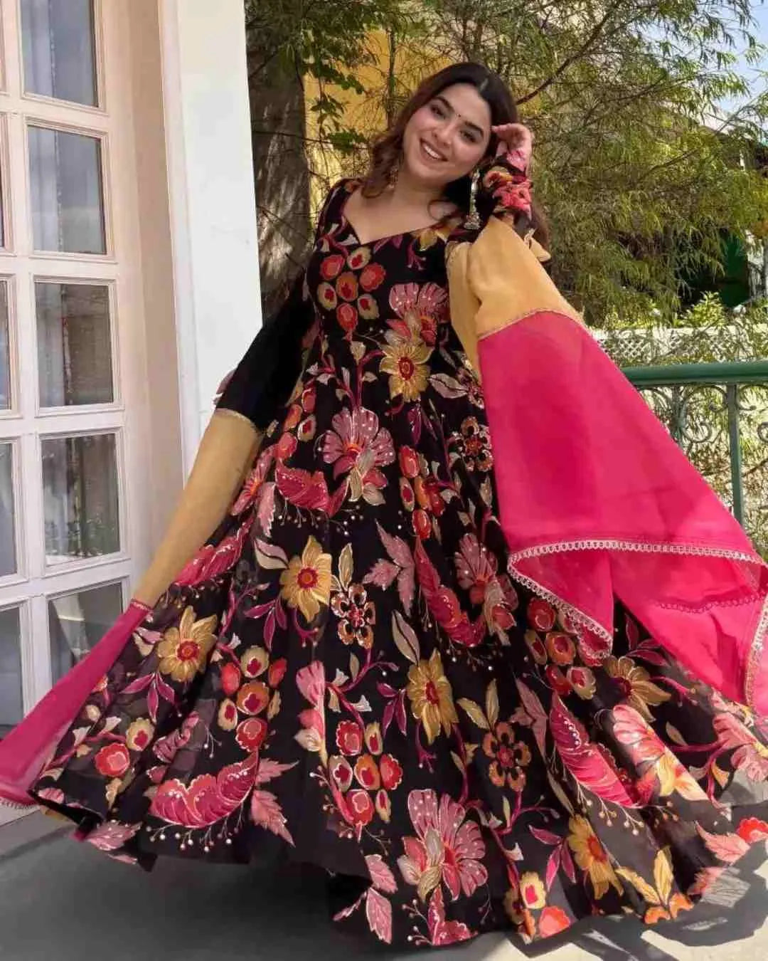 Black Floral Organza Anarkali Set