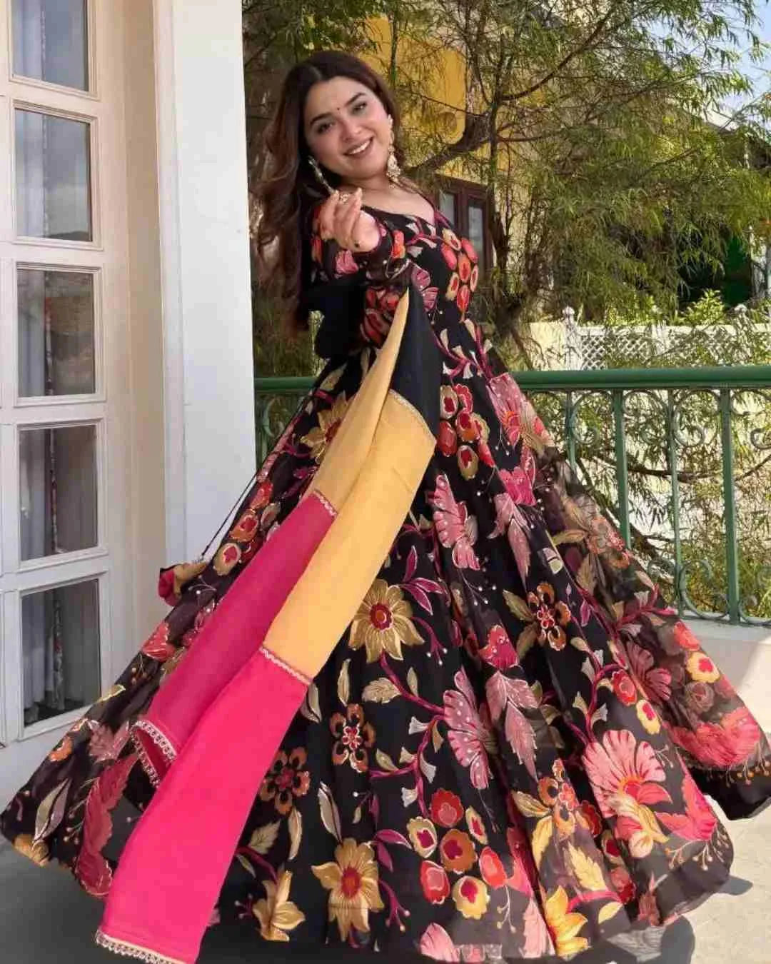 Black Floral Organza Anarkali Set