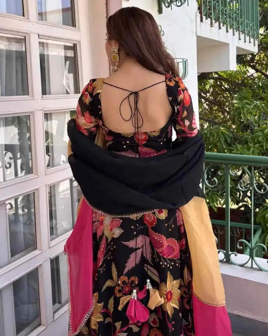 Black Floral Organza Anarkali Set