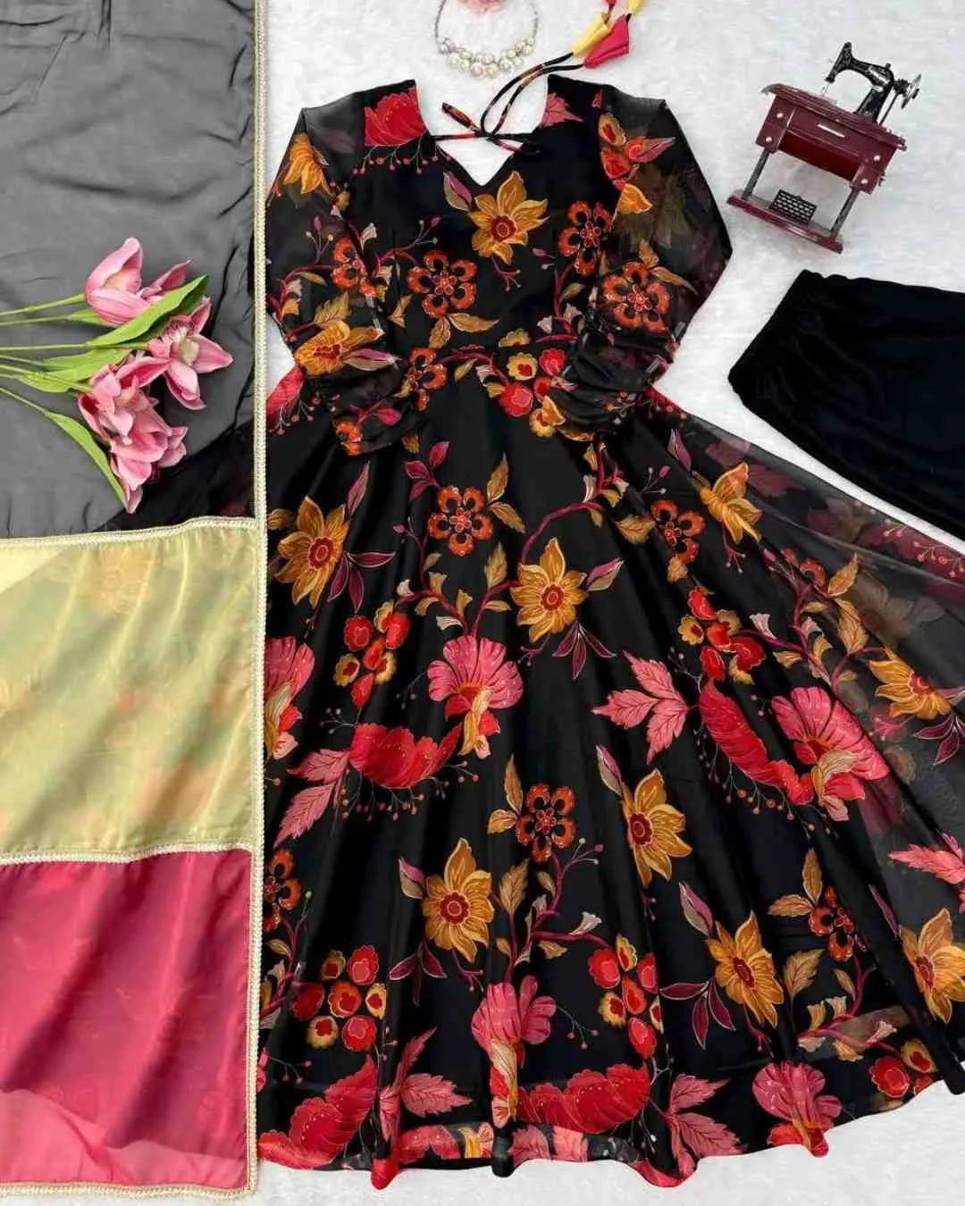 Black Floral Organza Anarkali Set