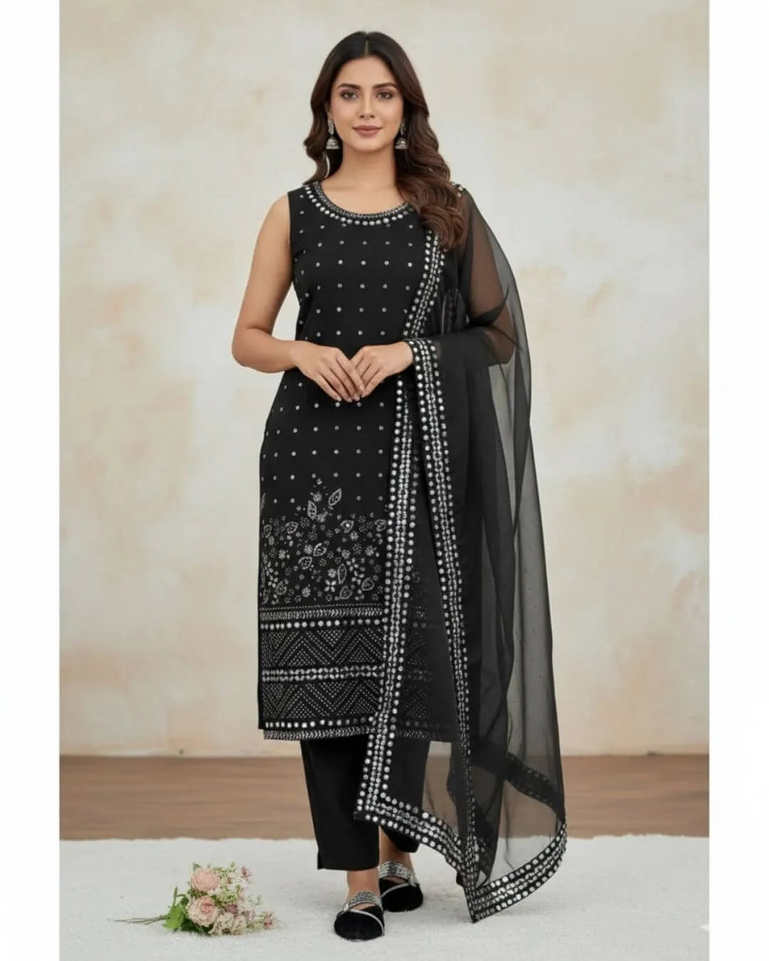 Black Sleeveless Salwar Suit Set With Dupatta