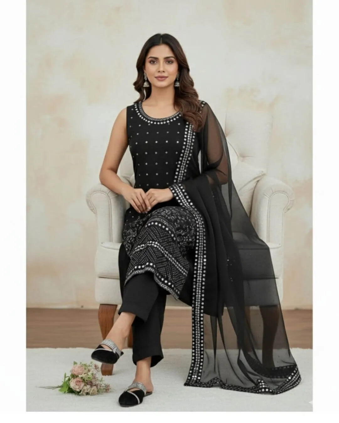 Black Sleeveless Salwar Suit Set With Dupatta