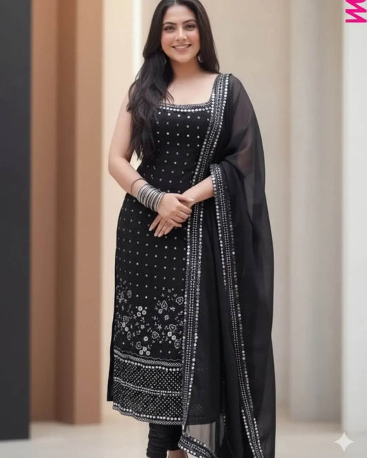 Black Sleeveless Salwar Suit Set With Dupatta