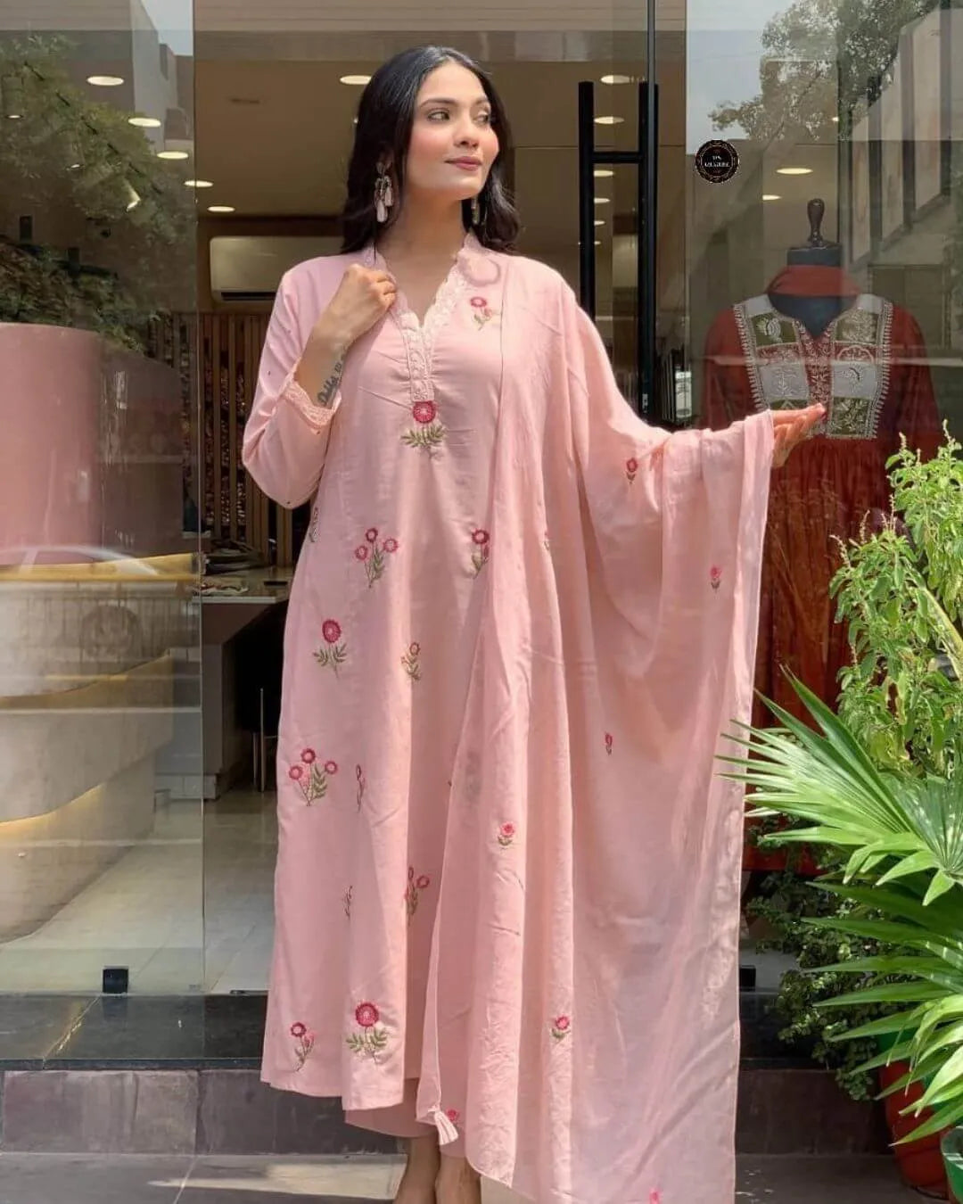 Pink Floral Embroidered Cotton Suit Set