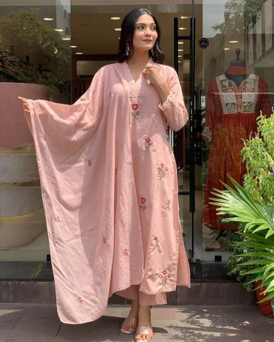 Pink Floral Embroidered Cotton Suit Set