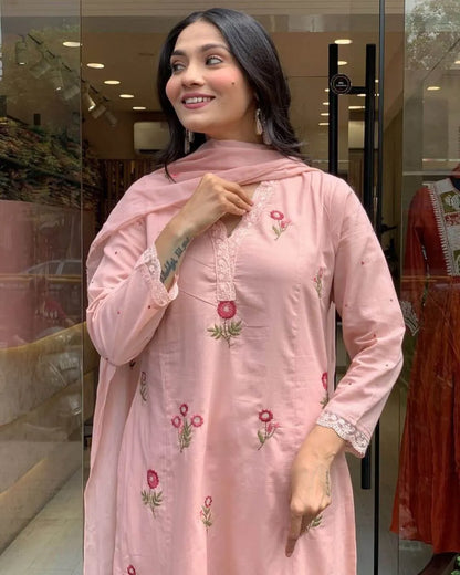 Pink Floral Embroidered Cotton Suit Set
