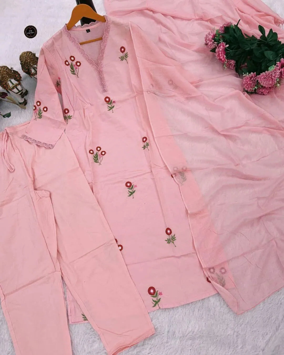 Pink Floral Embroidered Cotton Suit Set
