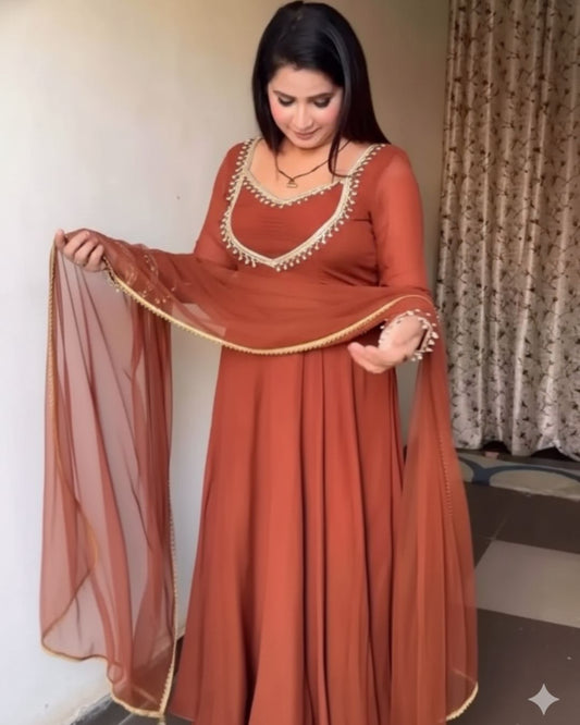 Brown Anarkali Dress Pant With Dupatta Set