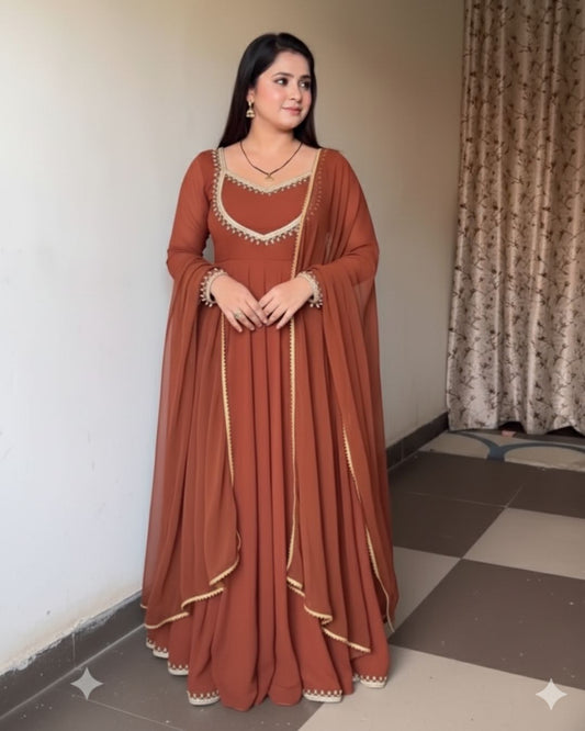 Brown Anarkali Dress Pant With Dupatta Set