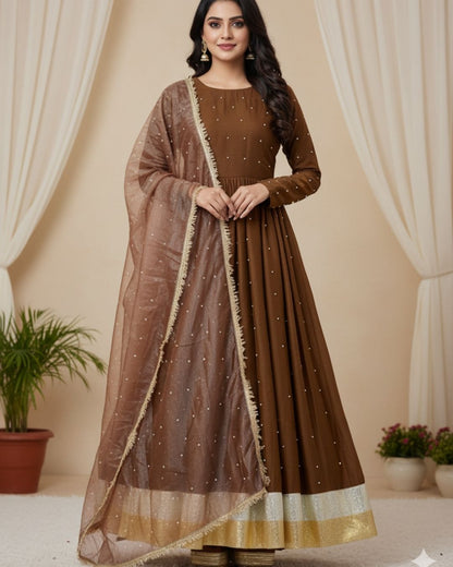 Brown Georgette Gown Suit Set With Dupatta